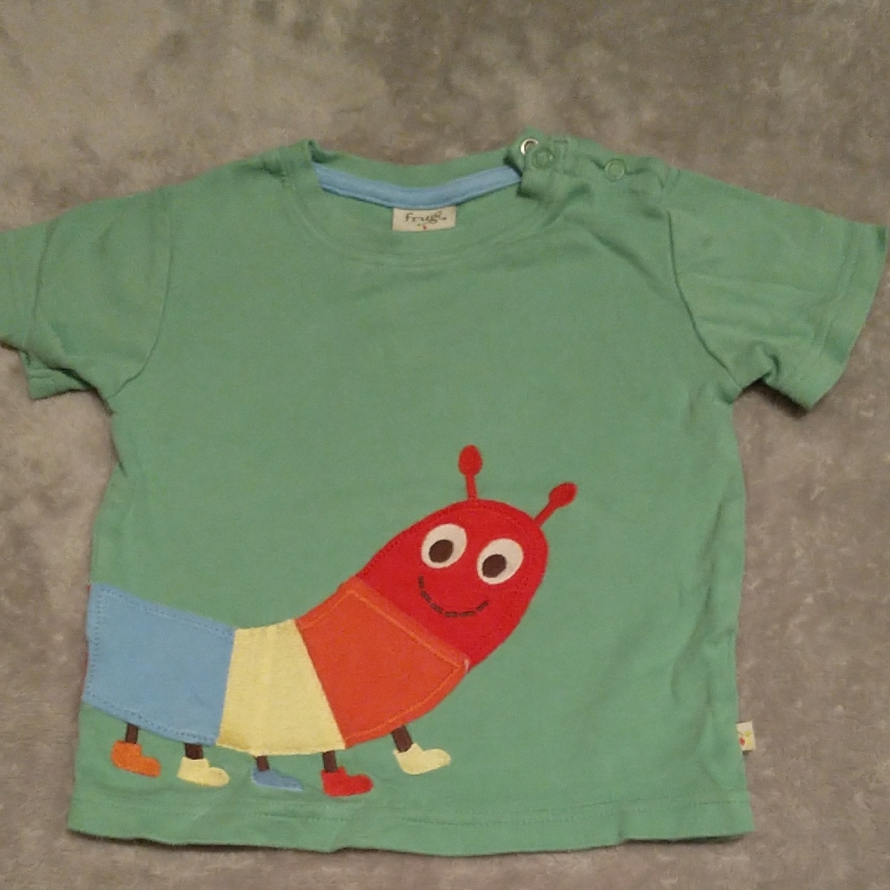 Frugi Green Short-Sleeve Kids Tee with Caterpillar Appliqué